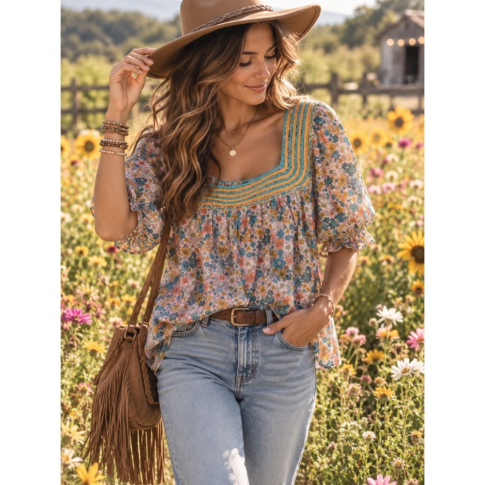 Sister Mary Elana Floral Print Bojo Cottagecore Hippie Cotton Blouse Size L